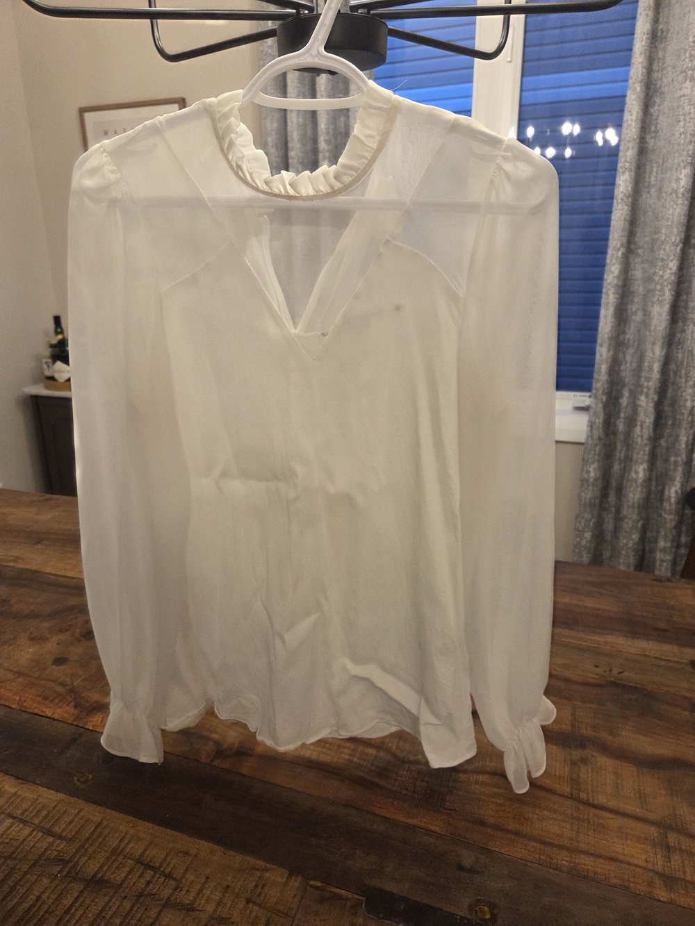 NAF NAF Cream Ruffle-Neck Long Sleeve Blouse